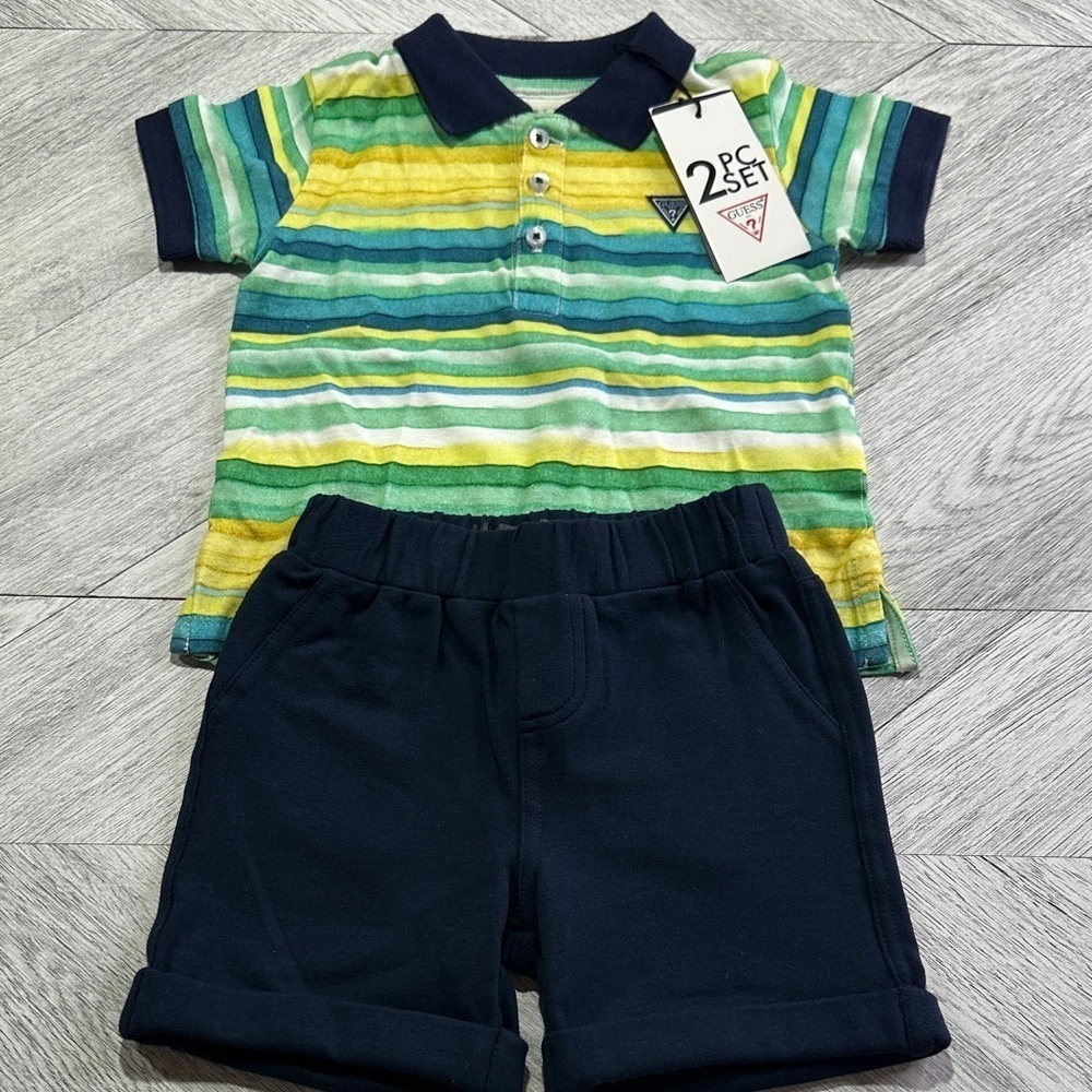 Guess Kids Green and Yellow Striped Polo Set 6-9M